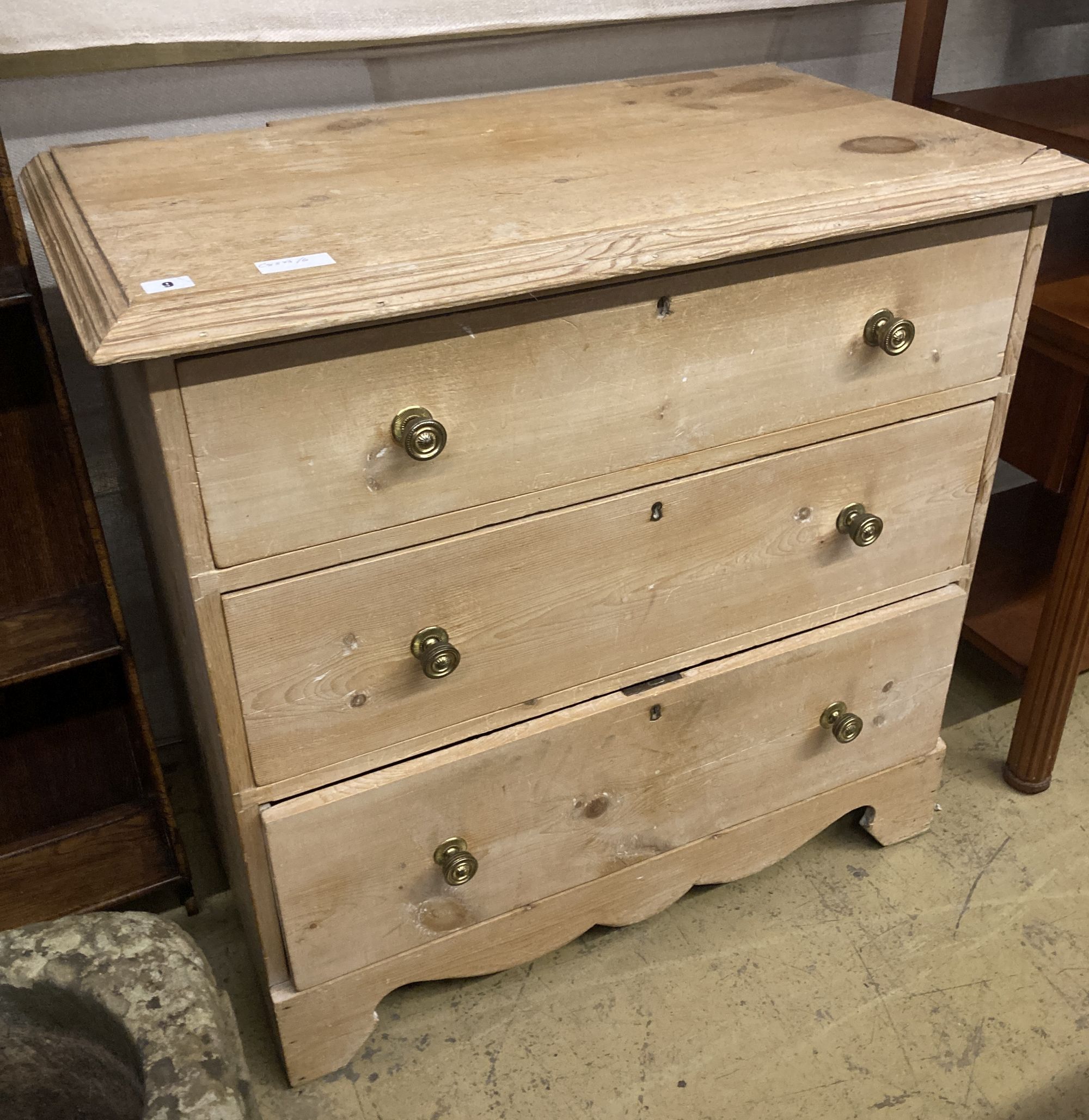 A late Victorian stripped pine chest of drawers, (altered) width 86cm, depth 48cm, height 81cm